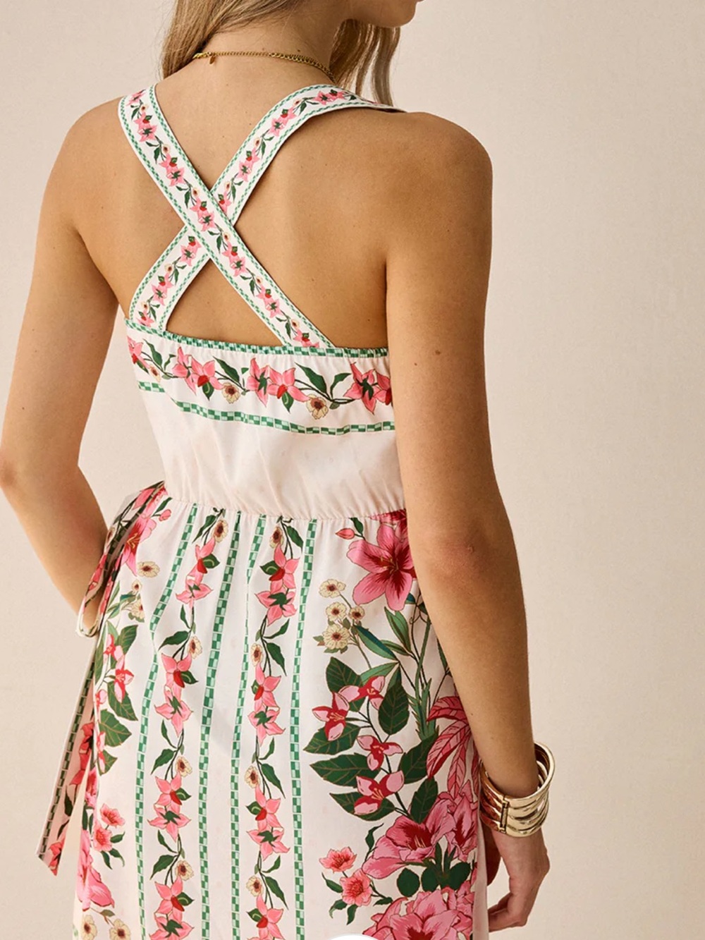 Commense Pink Floral Wrap Mini Dress on Cream - Picture 3 of 4